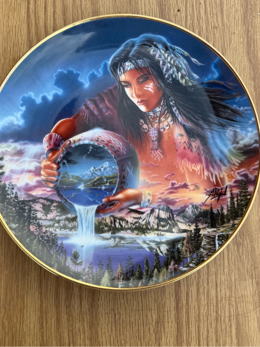 Decorative Ceramic Plate with Native-Inspired Watering Scene - Blue Multicolor